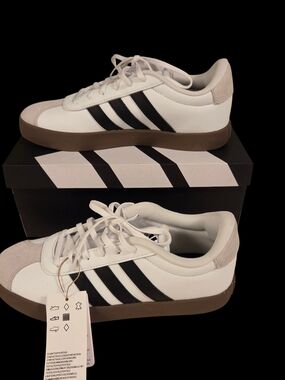 Adidas White Sneakers with Black Stripes and Brown Sole